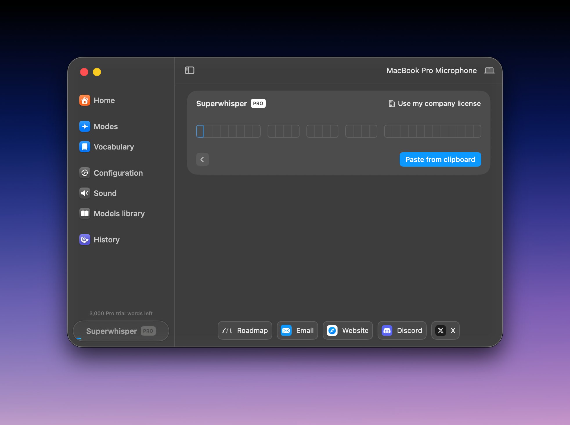 Superwhisper license key entry screen on macOS