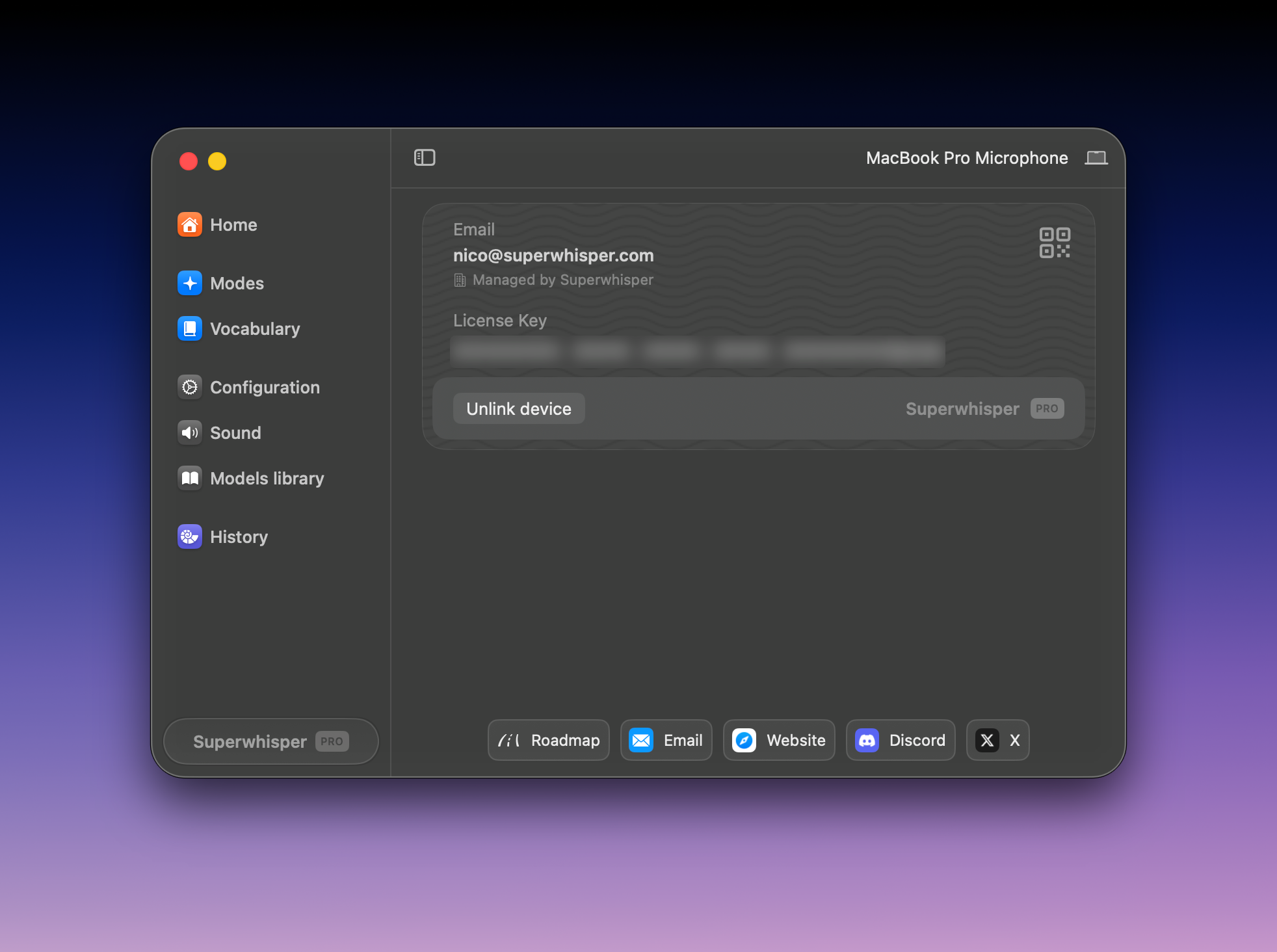 Superwhisper license panel showing an activated Pro license