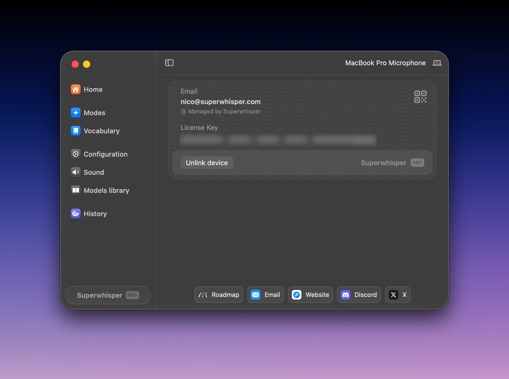 Superwhisper license panel showing an activated Pro license