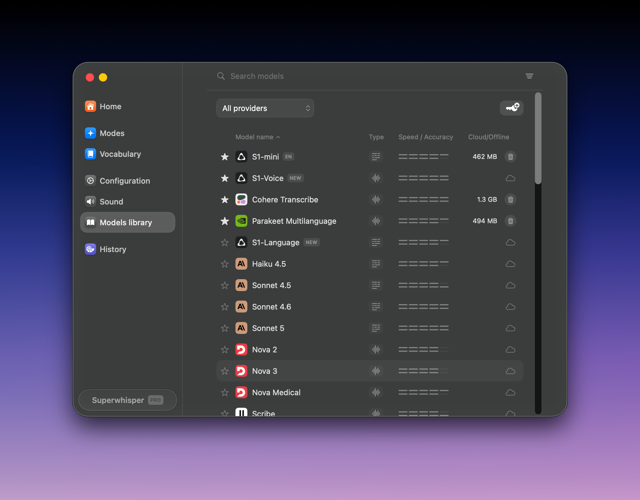 Superwhisper Models library listing voice and language models with download options