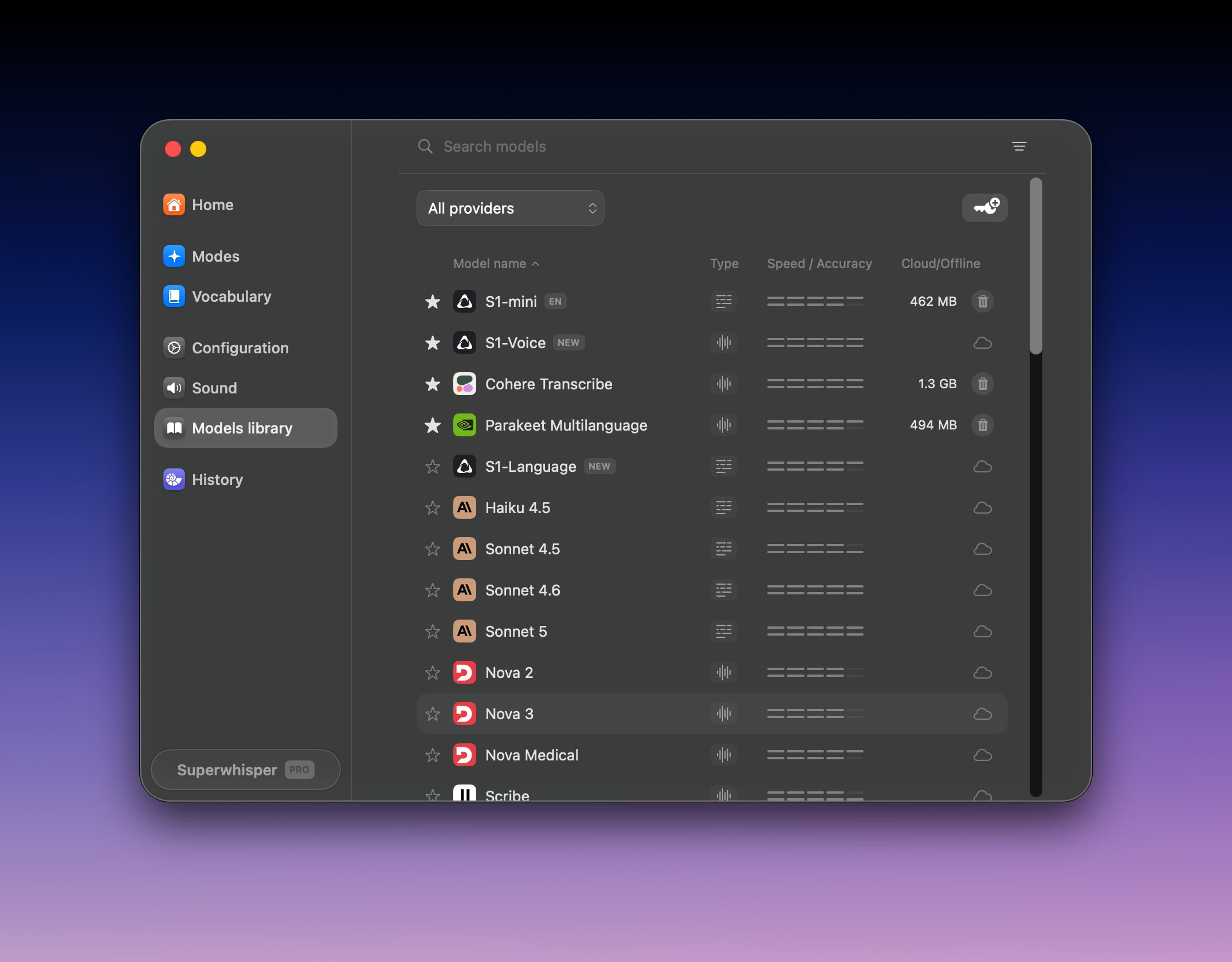 Superwhisper Models library listing voice and language models with download options