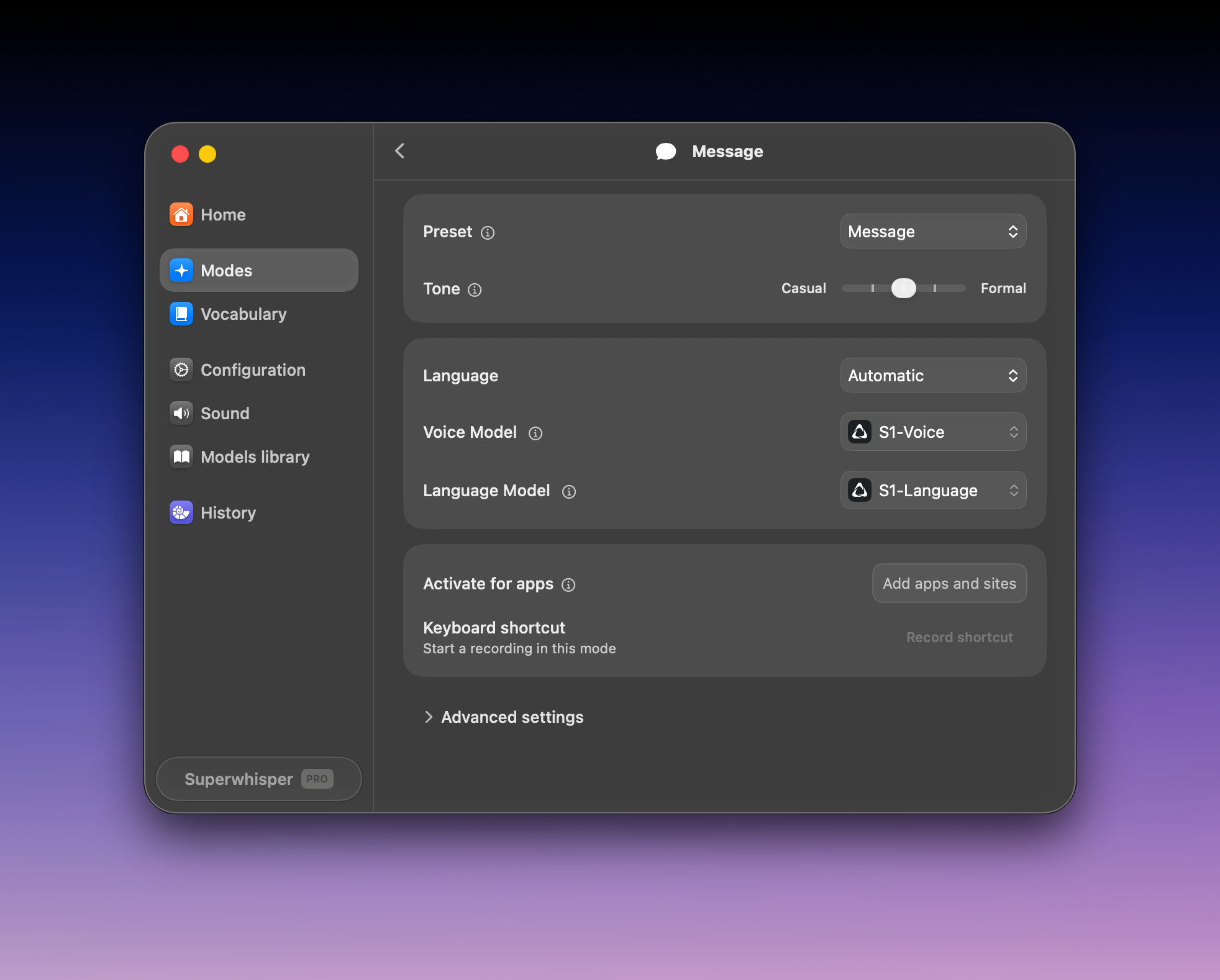 Superwhisper Message mode using the S1-Voice and S1-Language cloud models