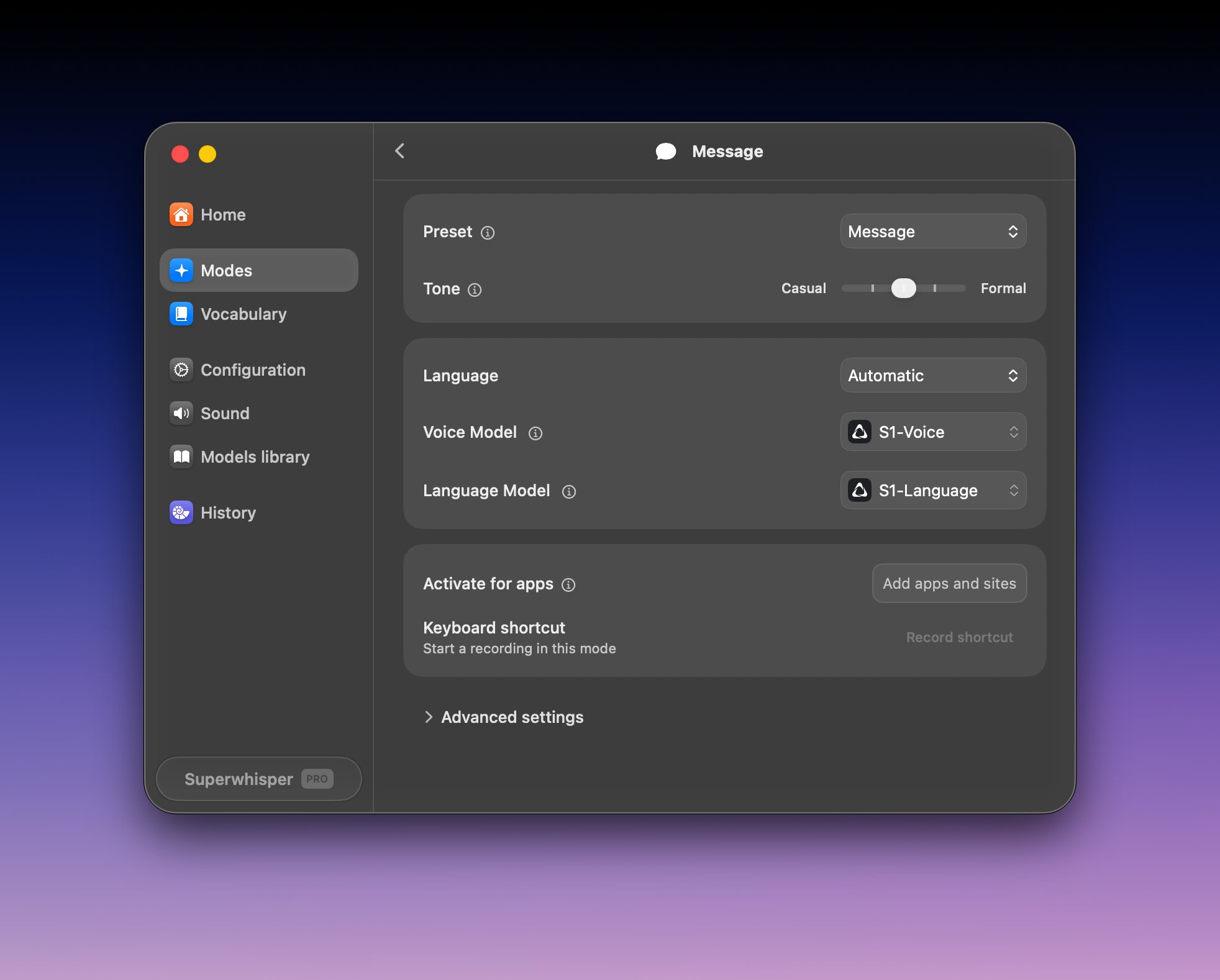 Superwhisper Message mode using the S1-Voice and S1-Language cloud models