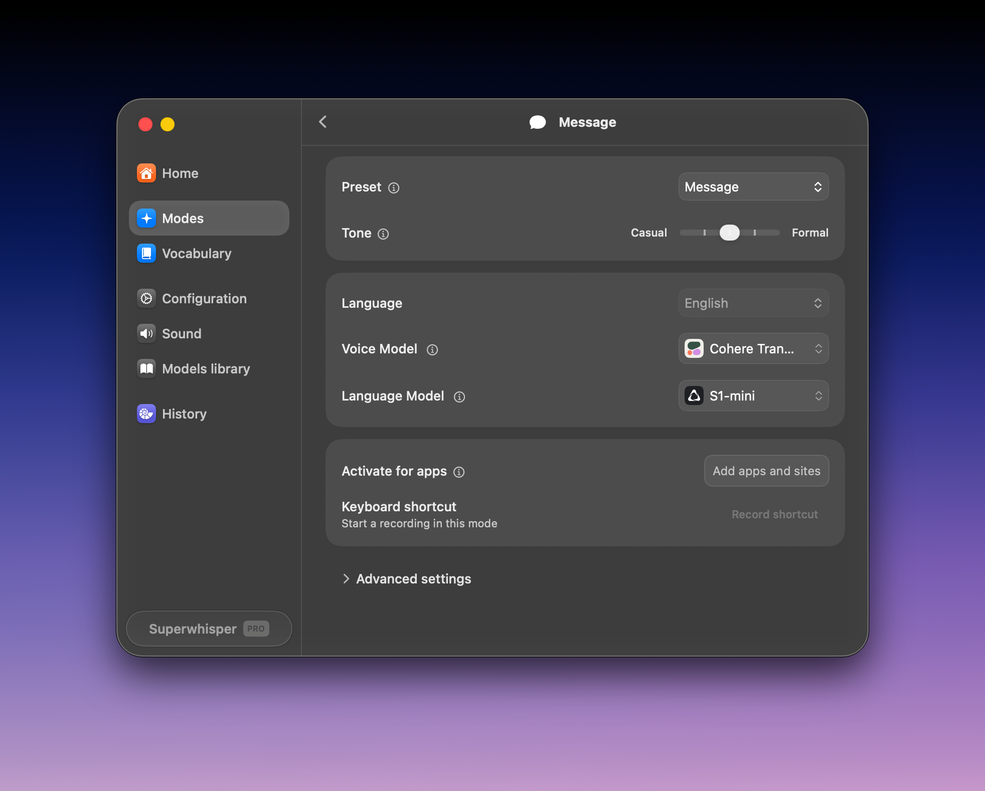 Superwhisper Message mode running fully on-device with Cohere Transcribe and S1-mini