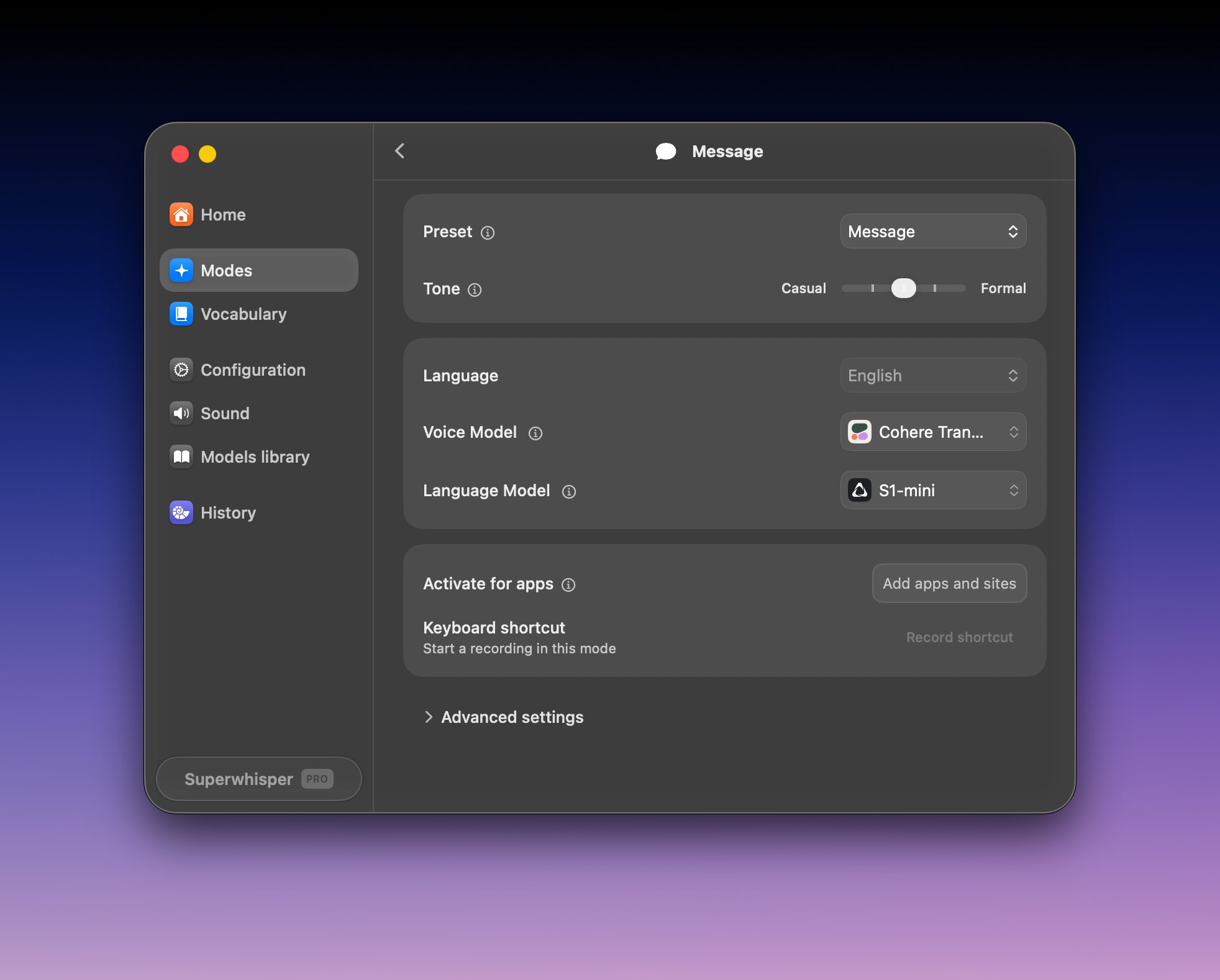 Superwhisper Message mode running fully on-device with Cohere Transcribe and S1-mini