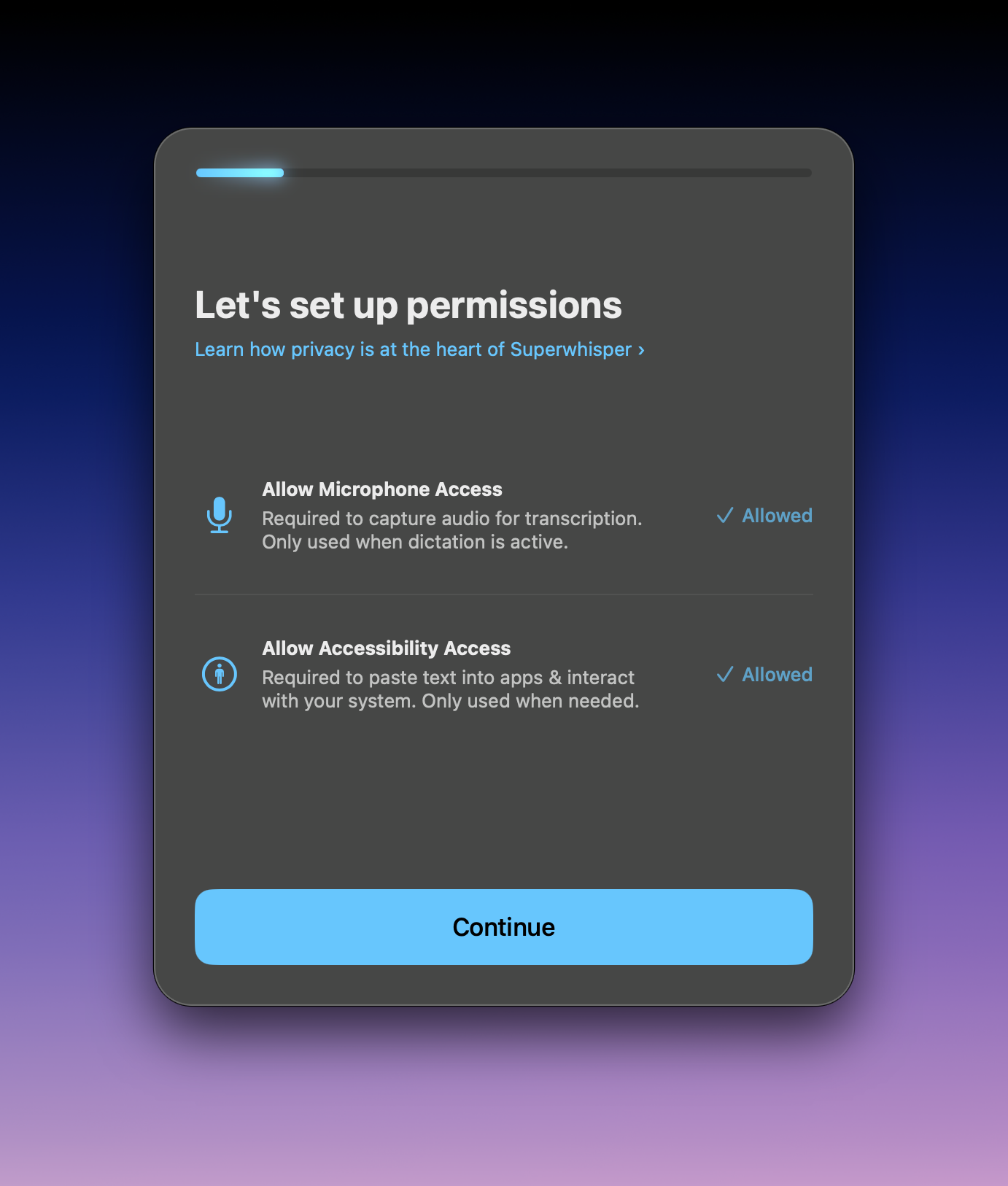 Superwhisper onboarding screen showing microphone and accessibility permissions granted