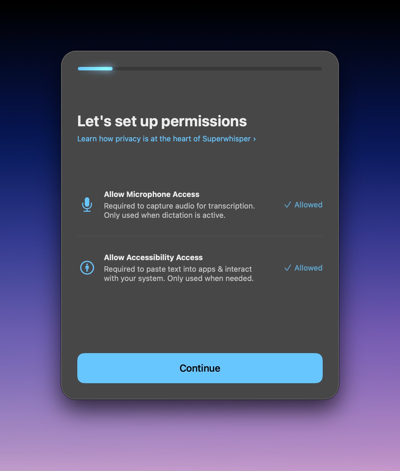 Superwhisper onboarding screen showing microphone and accessibility permissions granted