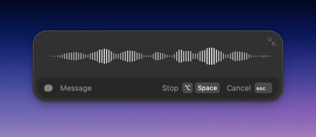 Superwhisper recording window showing an active waveform while dictating