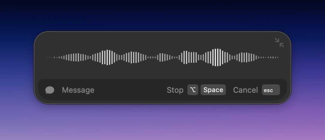 Superwhisper recording window showing an active waveform while dictating