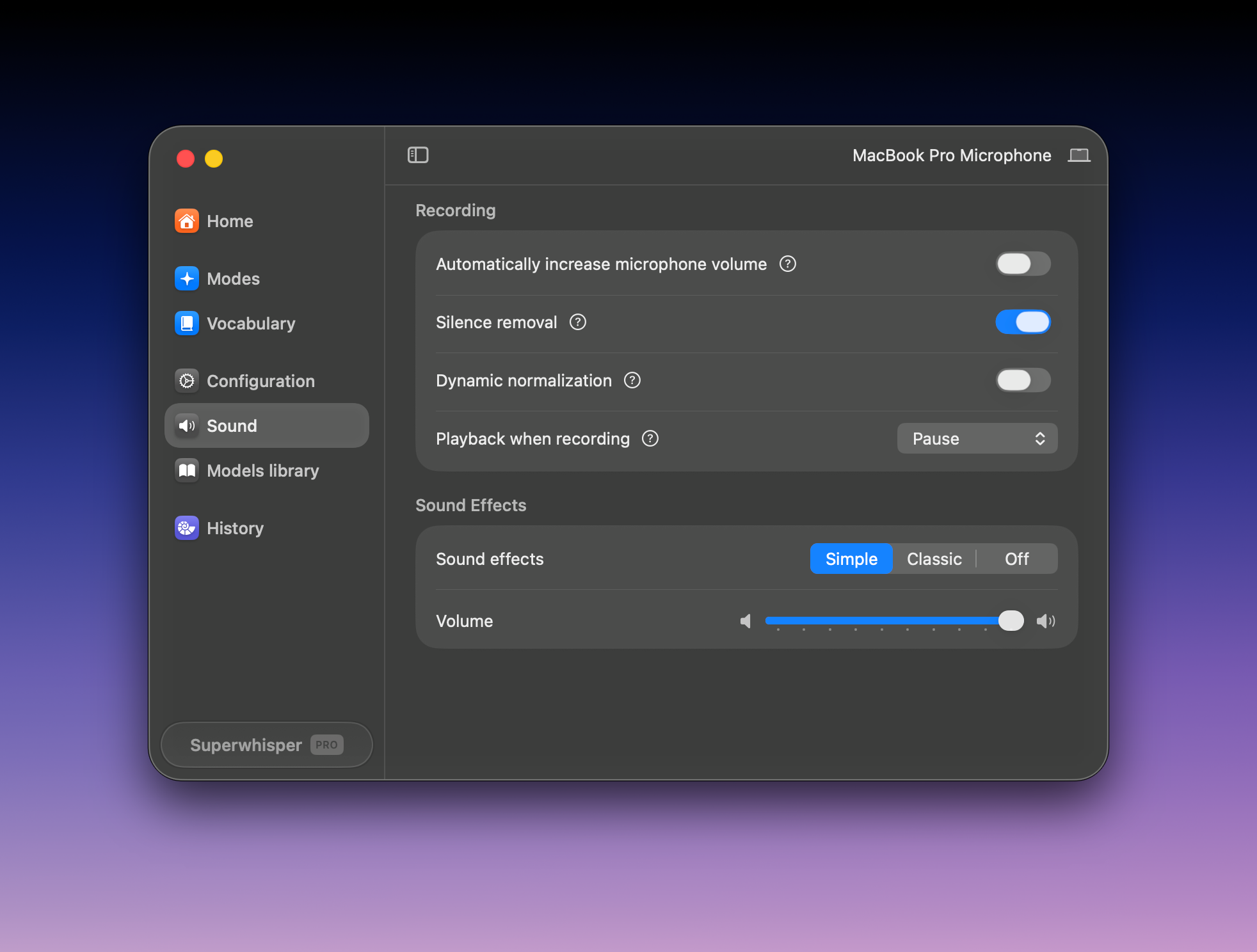 Superwhisper Sound settings showing input device and sound effect options