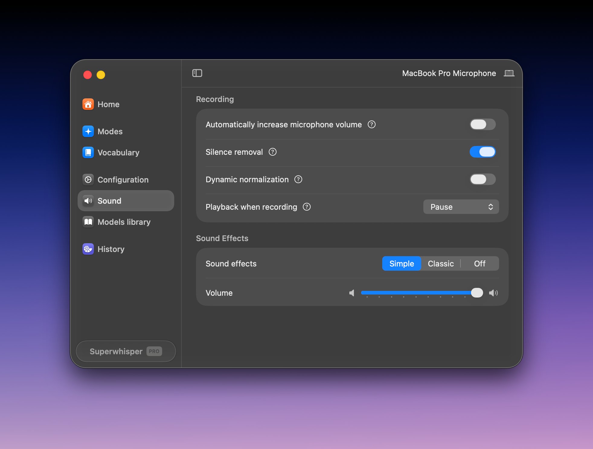 Superwhisper Sound settings showing input device and sound effect options