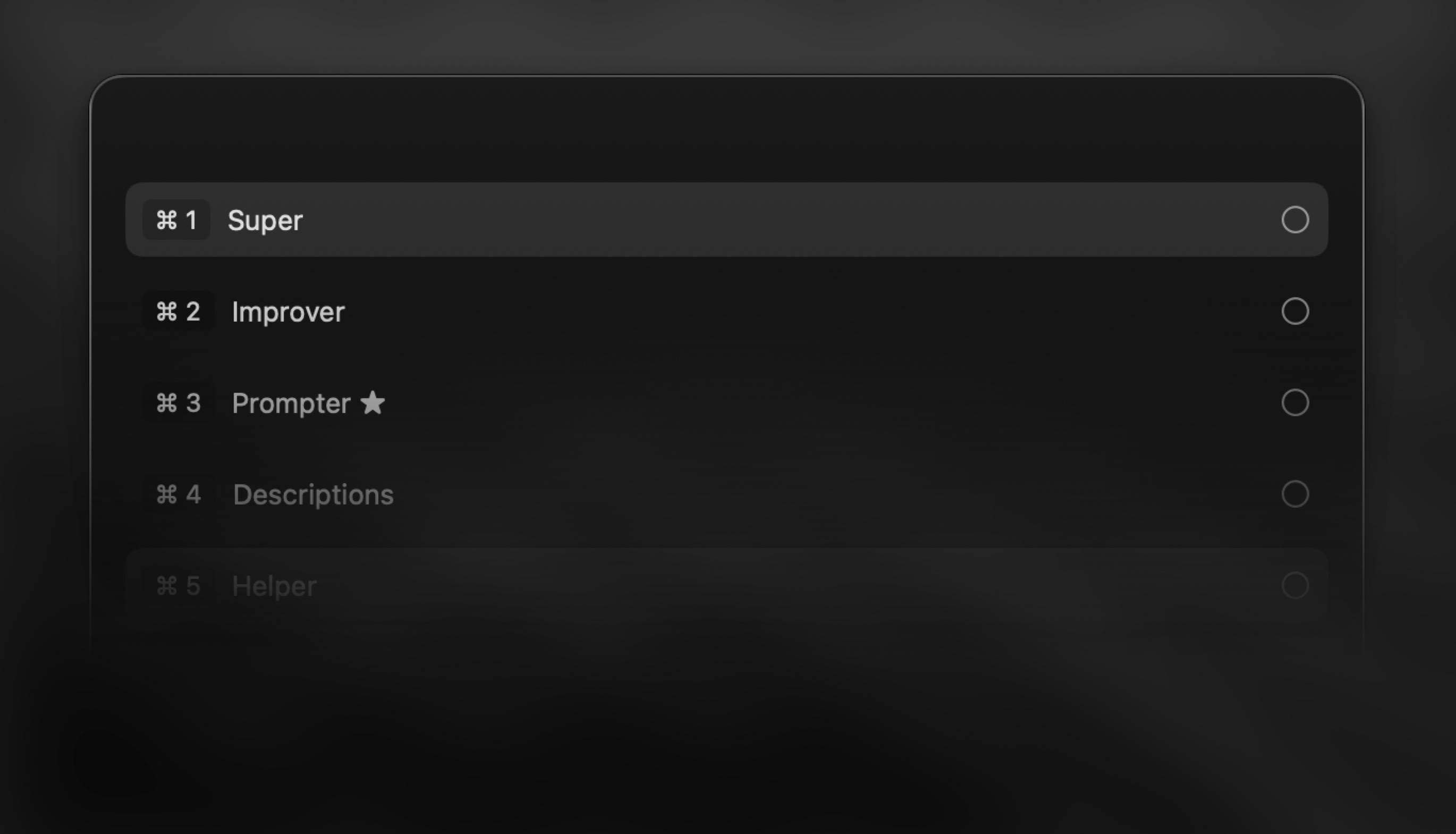 Recording window showing list of modes