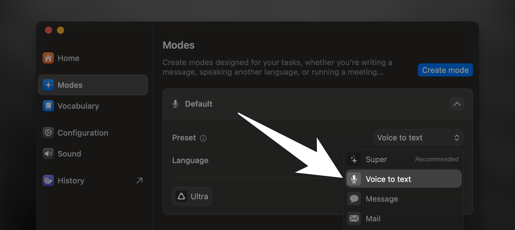 Superwhisper's interface for Voice Mode