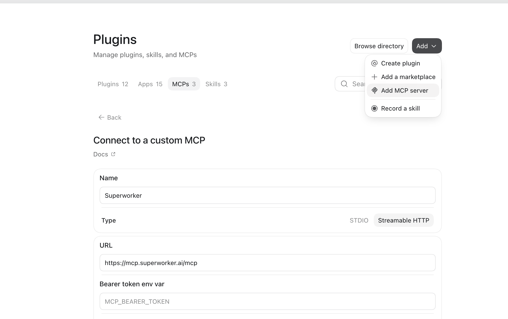 Codex custom MCP form showing the Superworker name, Streamable HTTP selected, and the Superworker MCP URL