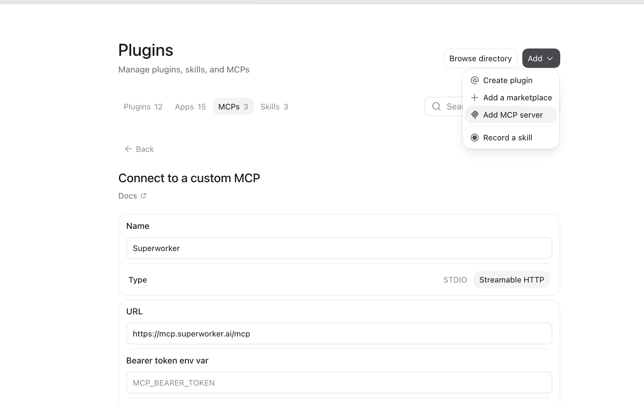 Codex custom MCP form showing the Superworker name, Streamable HTTP selected, and the Superworker MCP URL
