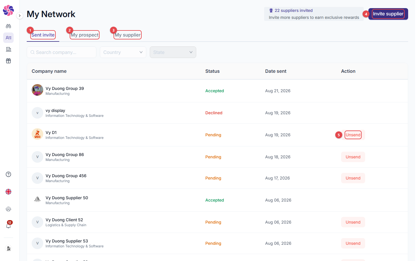 My Network: sent invites