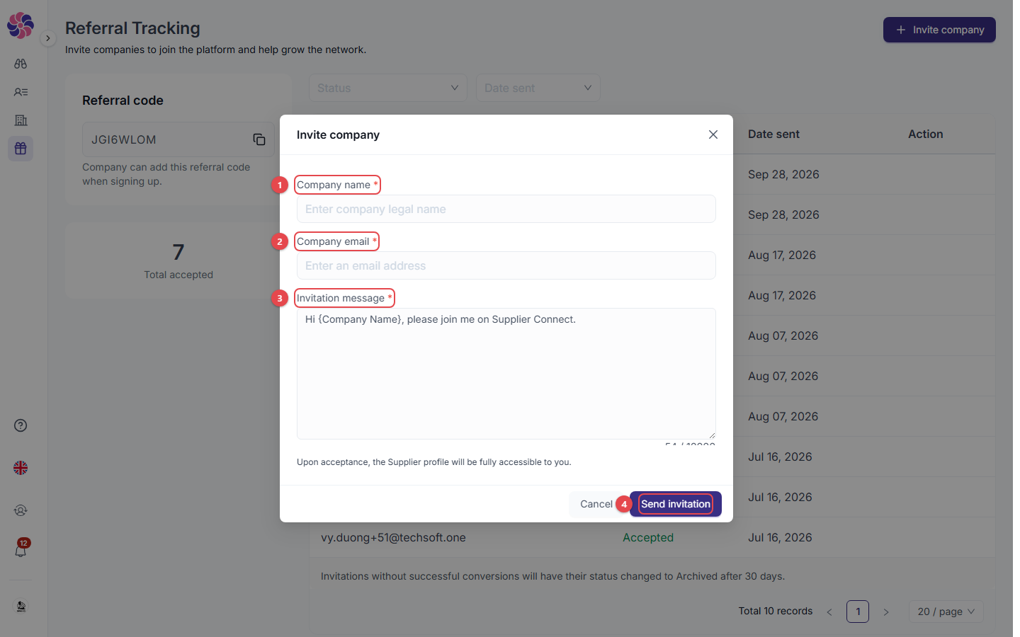 Invite company pop-up