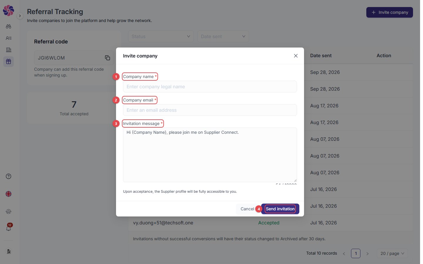 Invite company pop-up