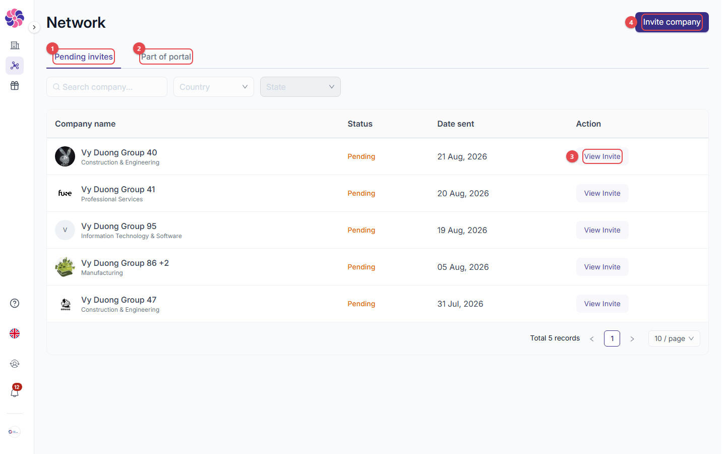 Network: pending invites