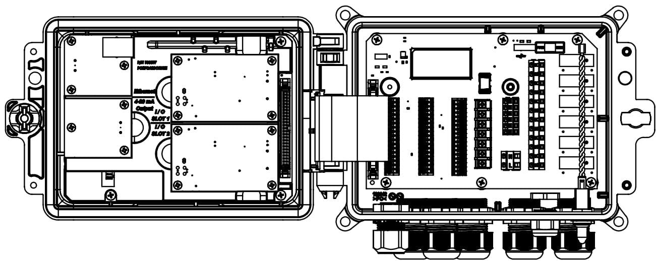 Internal view of Intuition-6 controller showing sensor input cards, relay board, and terminal blocks
