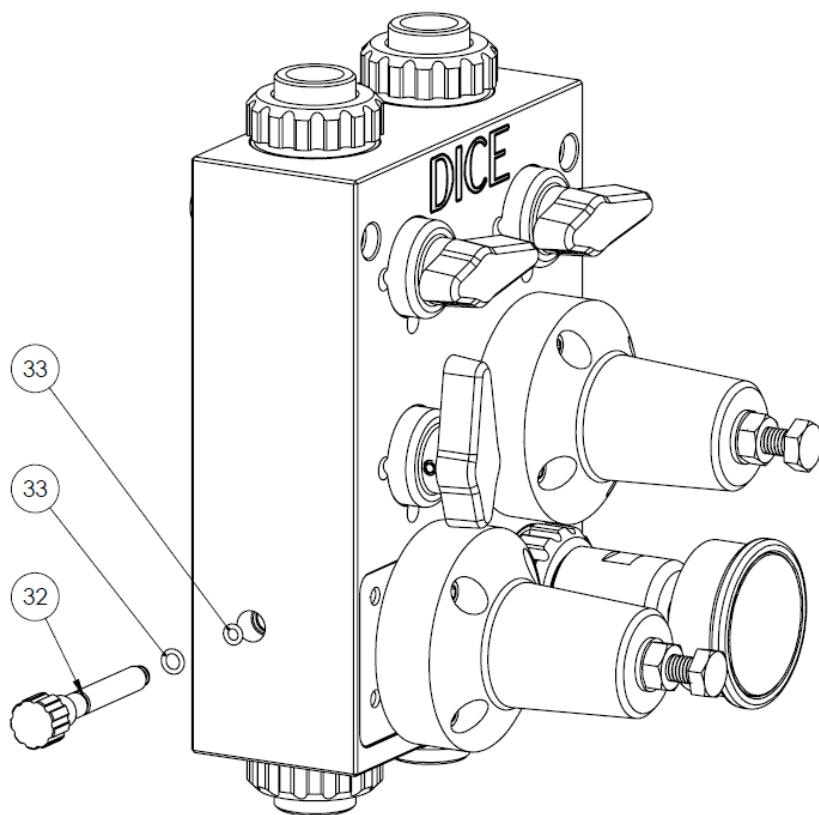 Bleed valve (32) with O-rings (33)
