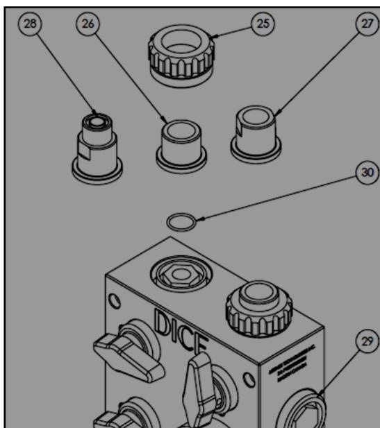 Exploded view showing mushroom nut, connector, and O-ring assembly