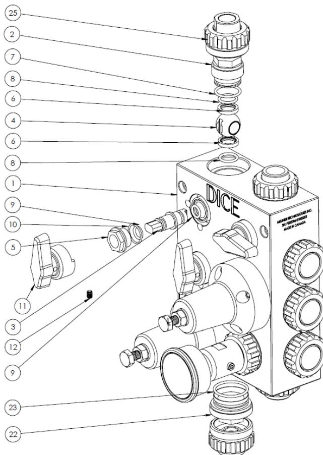 Exploded view of ball valve showing parts 1-12, 22, 23, 25