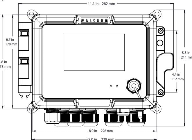 Front view of Intuition-6 controller showing dimensions: 11.1 x 8.3 inches with mounting hole spacing