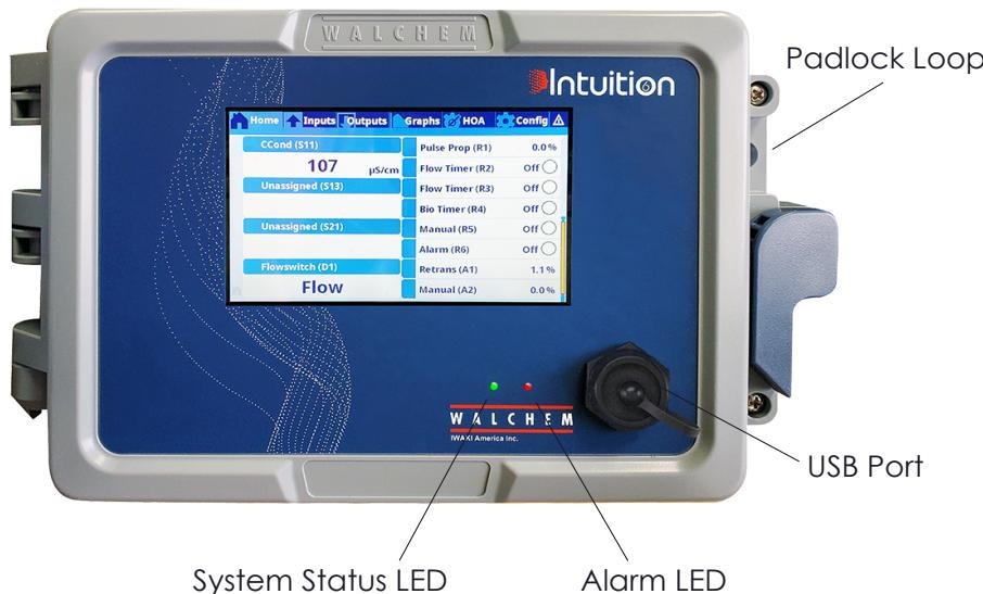 Intuition-6 front panel showing touchscreen home screen with sensor inputs and relay outputs