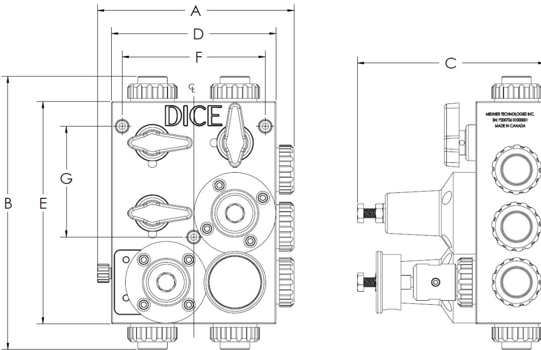 DICE dimensional drawing showing width (A), height (B), depth (C), and mounting hole positions (D, E, F, G)