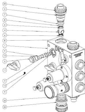 Exploded diagram showing ball valve components 1-12, 22, 23, 25
