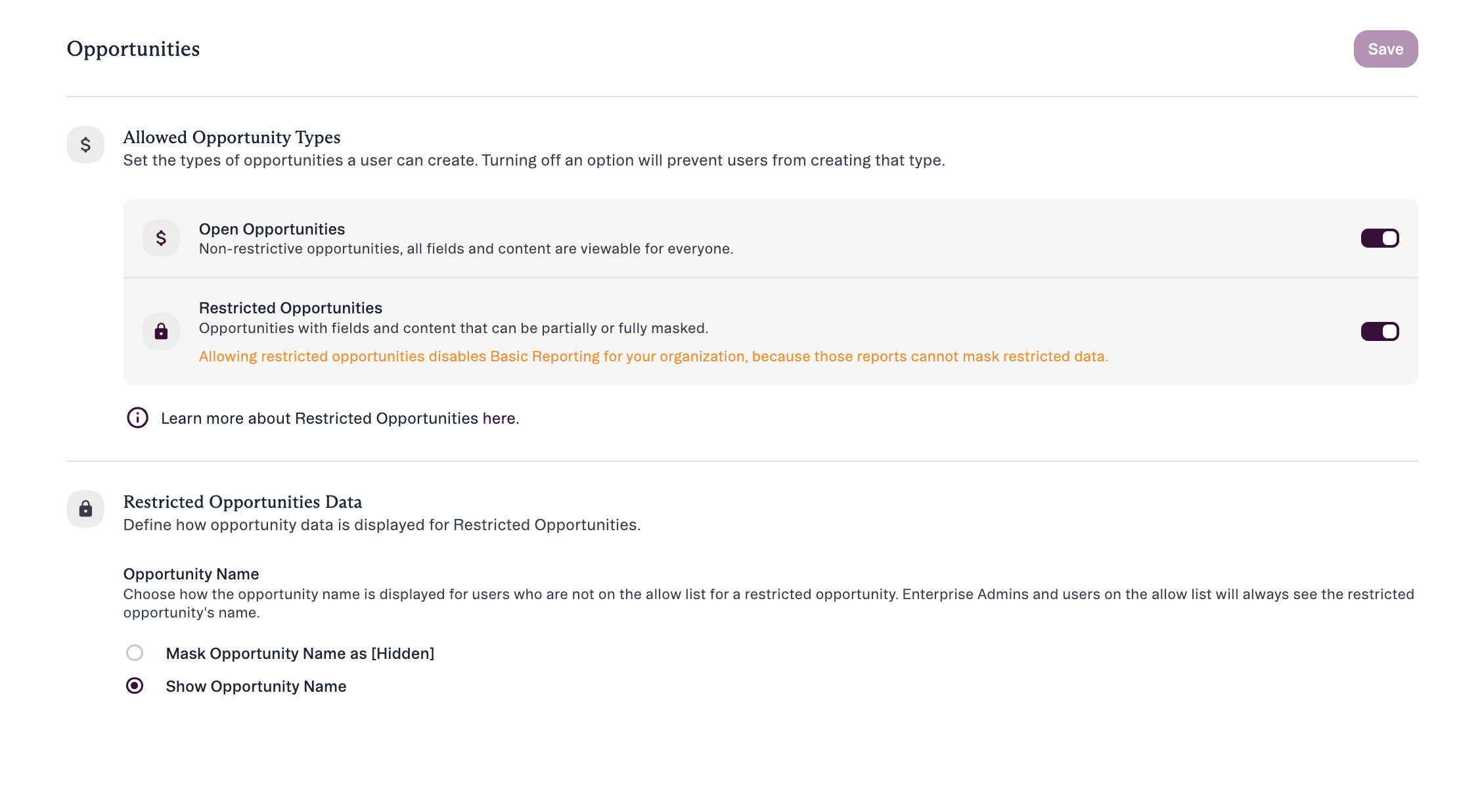 The Opportunities settings page showing Allowed Opportunity Types and Restricted Opportunities Data