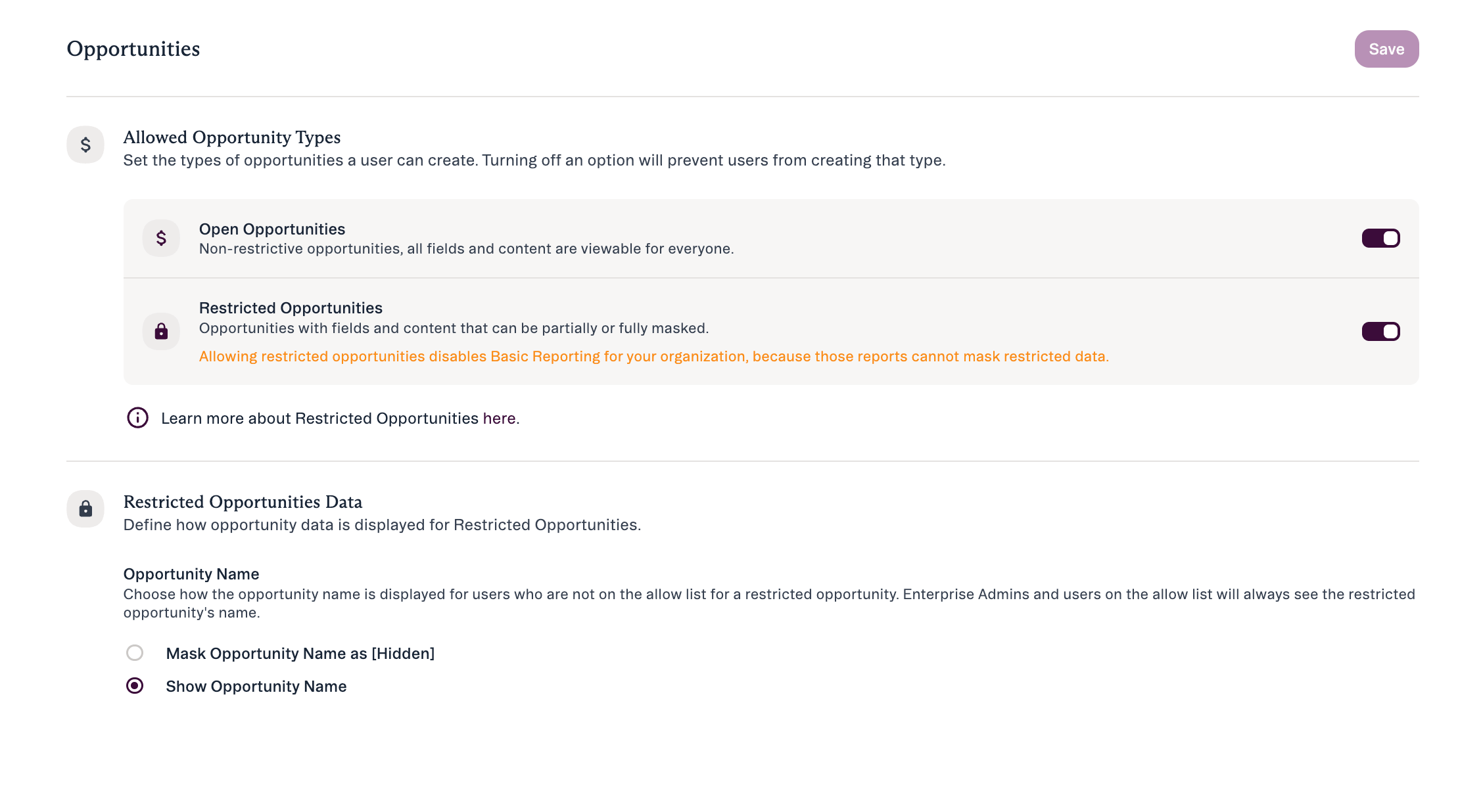 The Opportunities settings page showing Allowed Opportunity Types and Restricted Opportunities Data