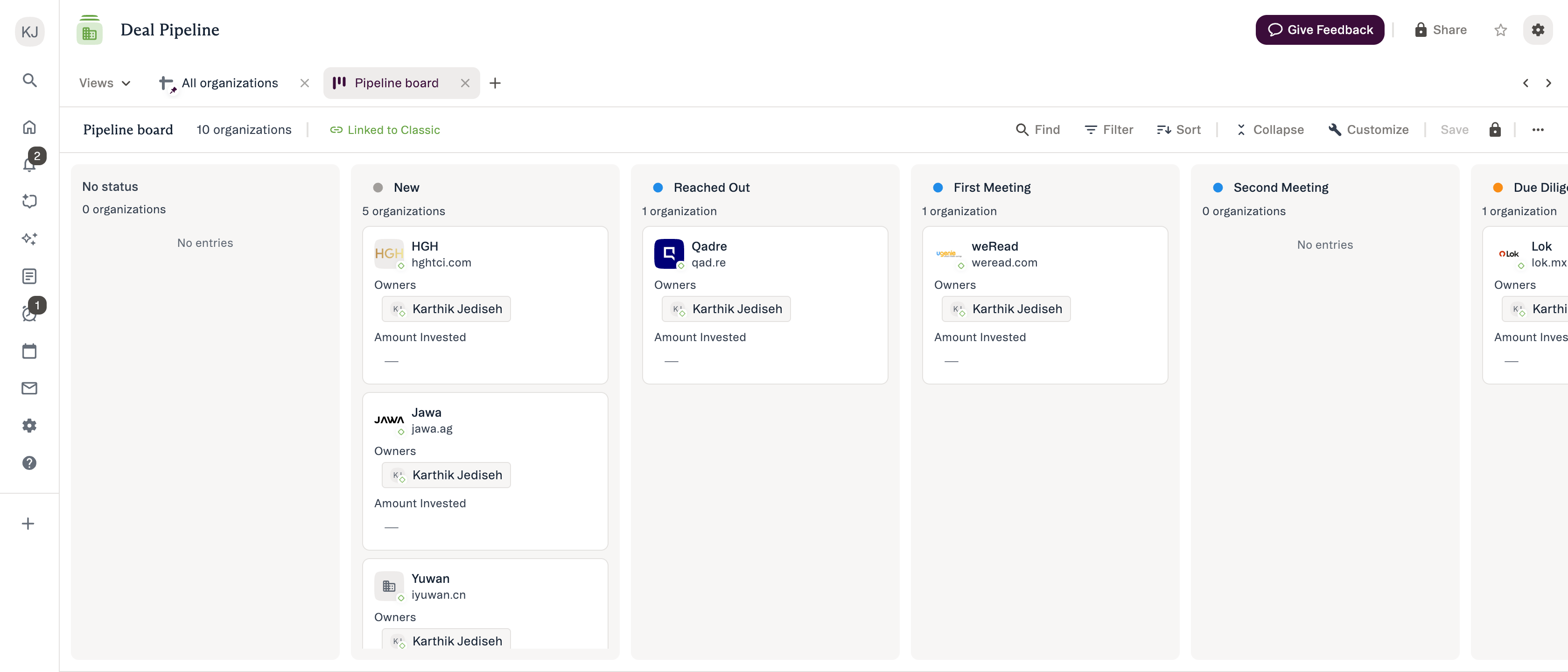 A pipeline list shown as a board view in New Lists, with deals grouped by status