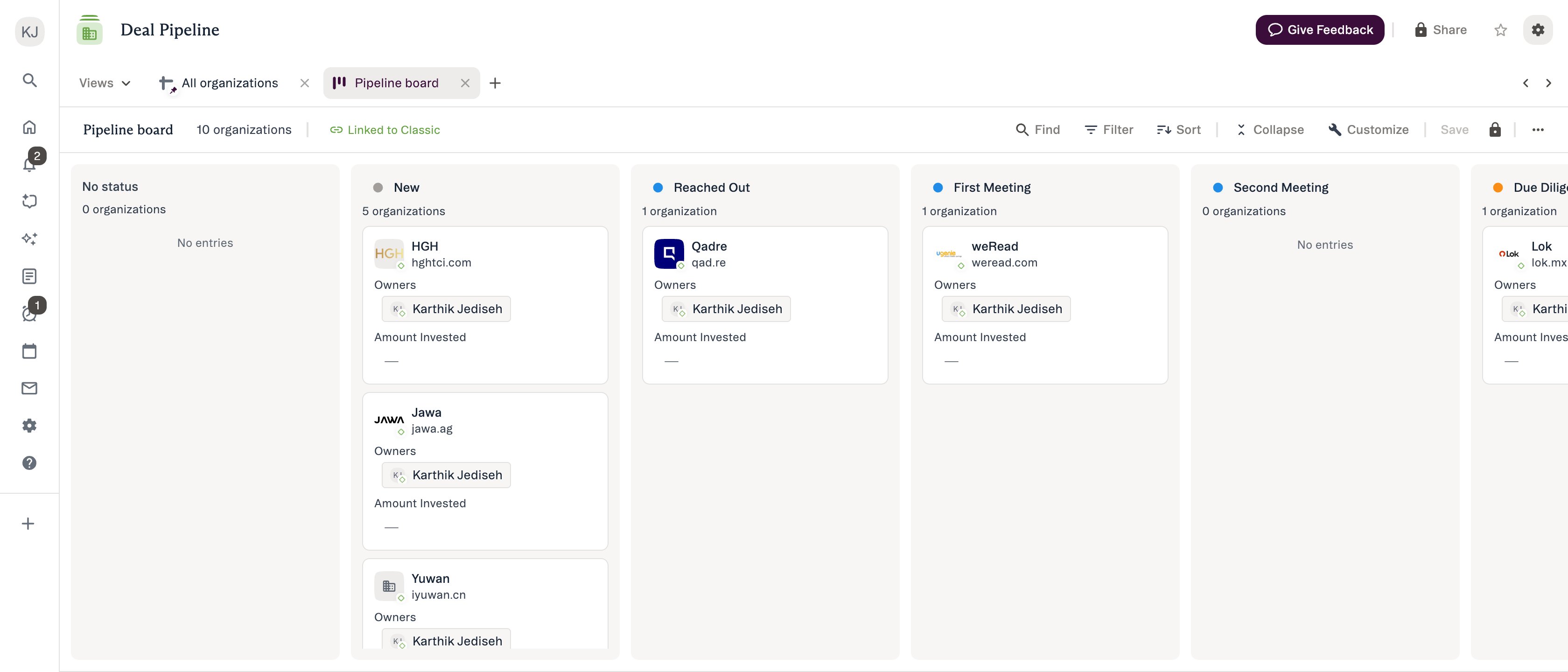 A pipeline list shown as a board view in New Lists, with deals grouped by status