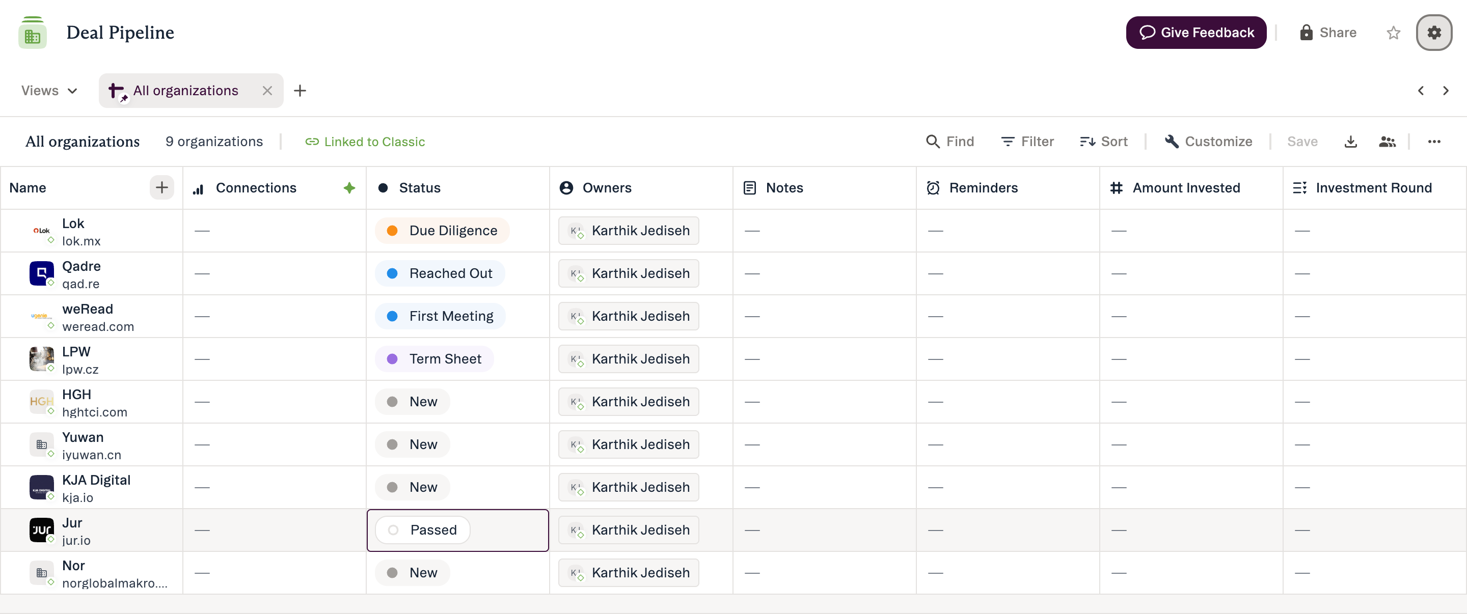 A list in New Lists: pipeline rows with colour-coded status, owners and enriched columns