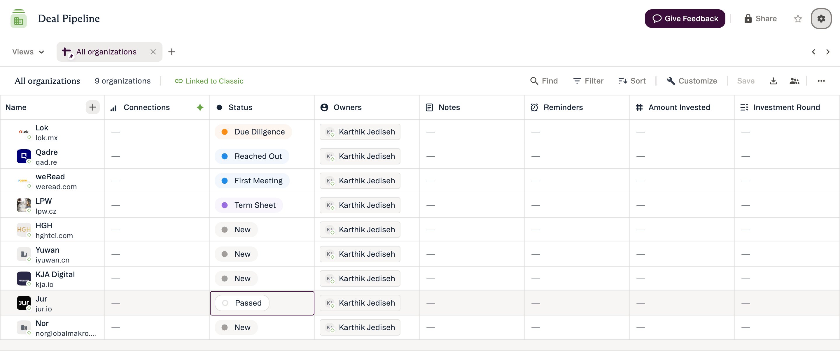 A list in New Lists: pipeline rows with colour-coded status, owners and enriched columns