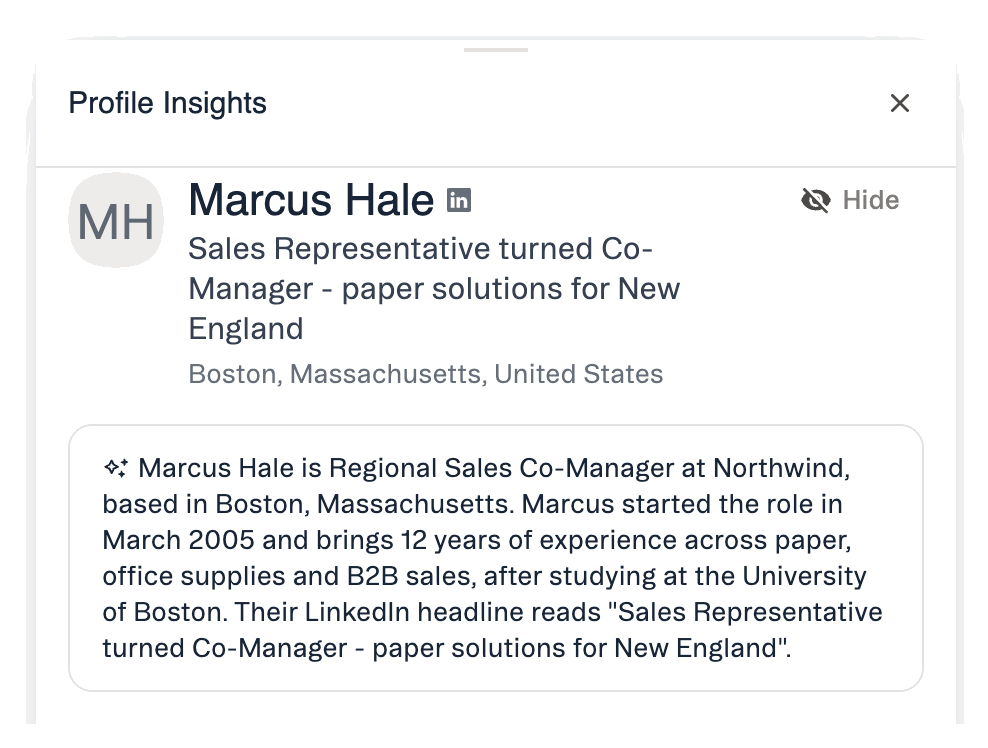 Profile Insights opened from an inferred connection, with the Hide button next to the person's name