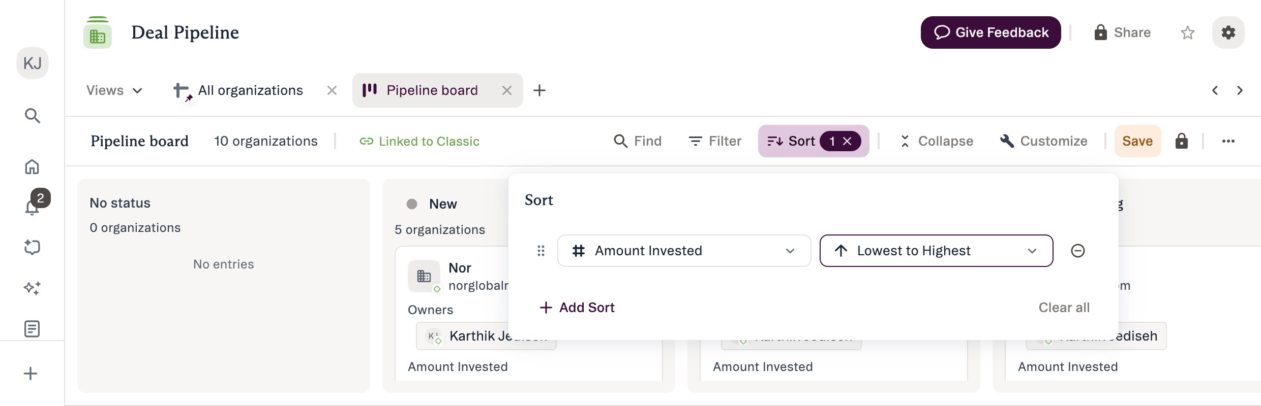The Sort panel open on a board view in New Lists, sorting by Amount Invested from lowest to highest