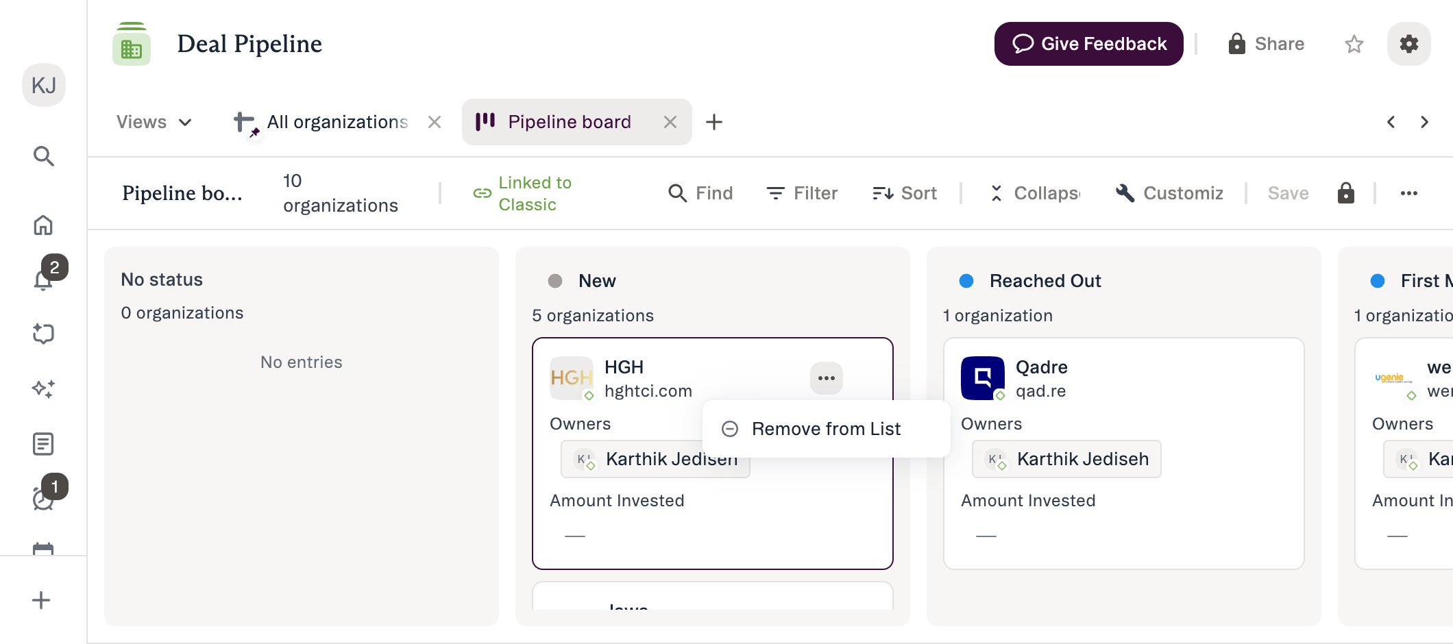 A hovered board card in New Lists showing the Card actions button and its Remove from List menu