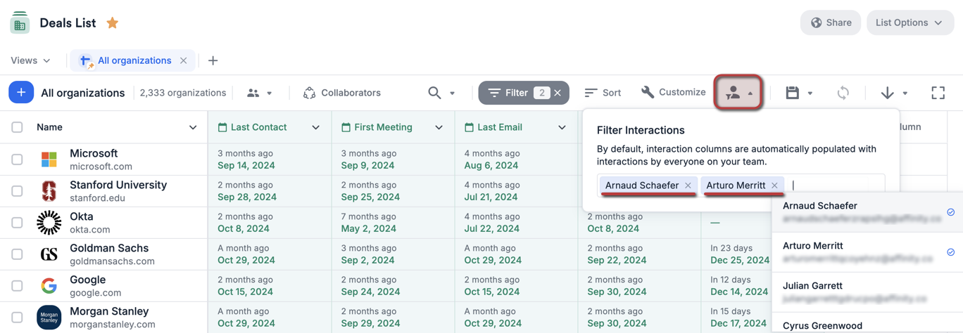 Filtering Interactions By Specific Team Members - Affinity Help Center