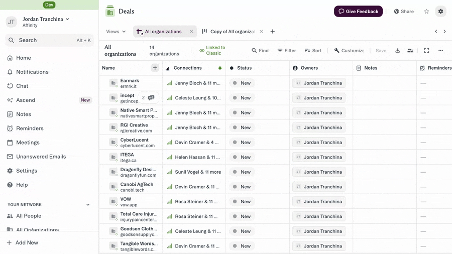 Adding a row and creating a new company directly from the cell