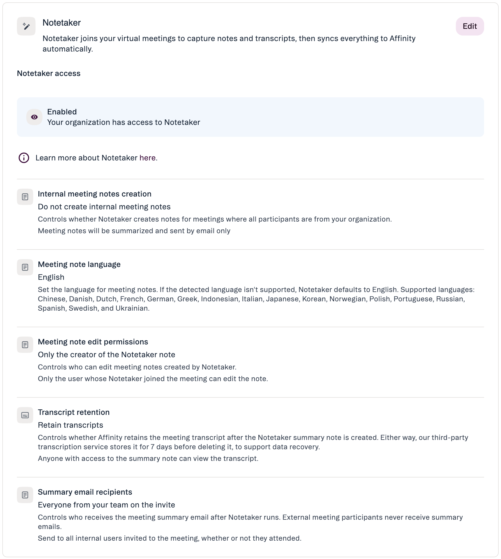 The Notetaker card on the Affinity AI settings page