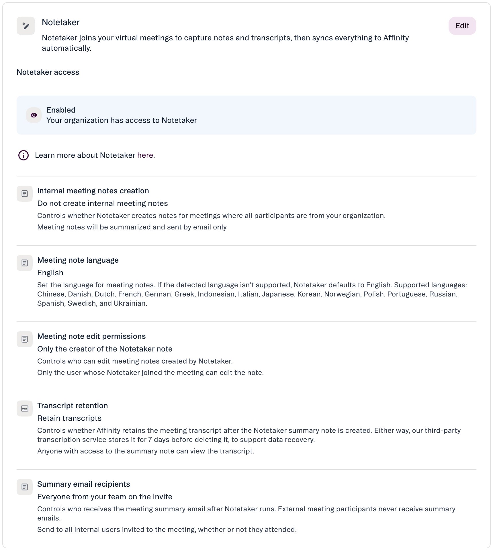 The Notetaker card on the Affinity AI settings page