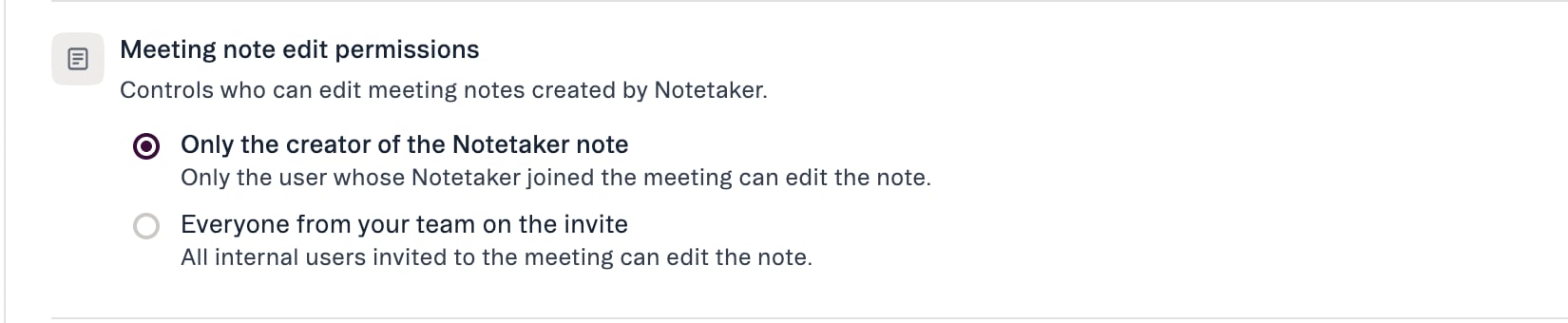 The Meeting note edit permissions setting and its two options