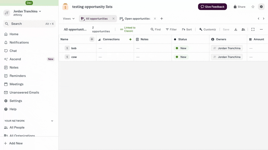 Creating a Create Opportunity trigger in New Lists: choosing the trigger type, setting When status is, picking the opportunity list, and the saved trigger shown as Active in the List Triggers summary