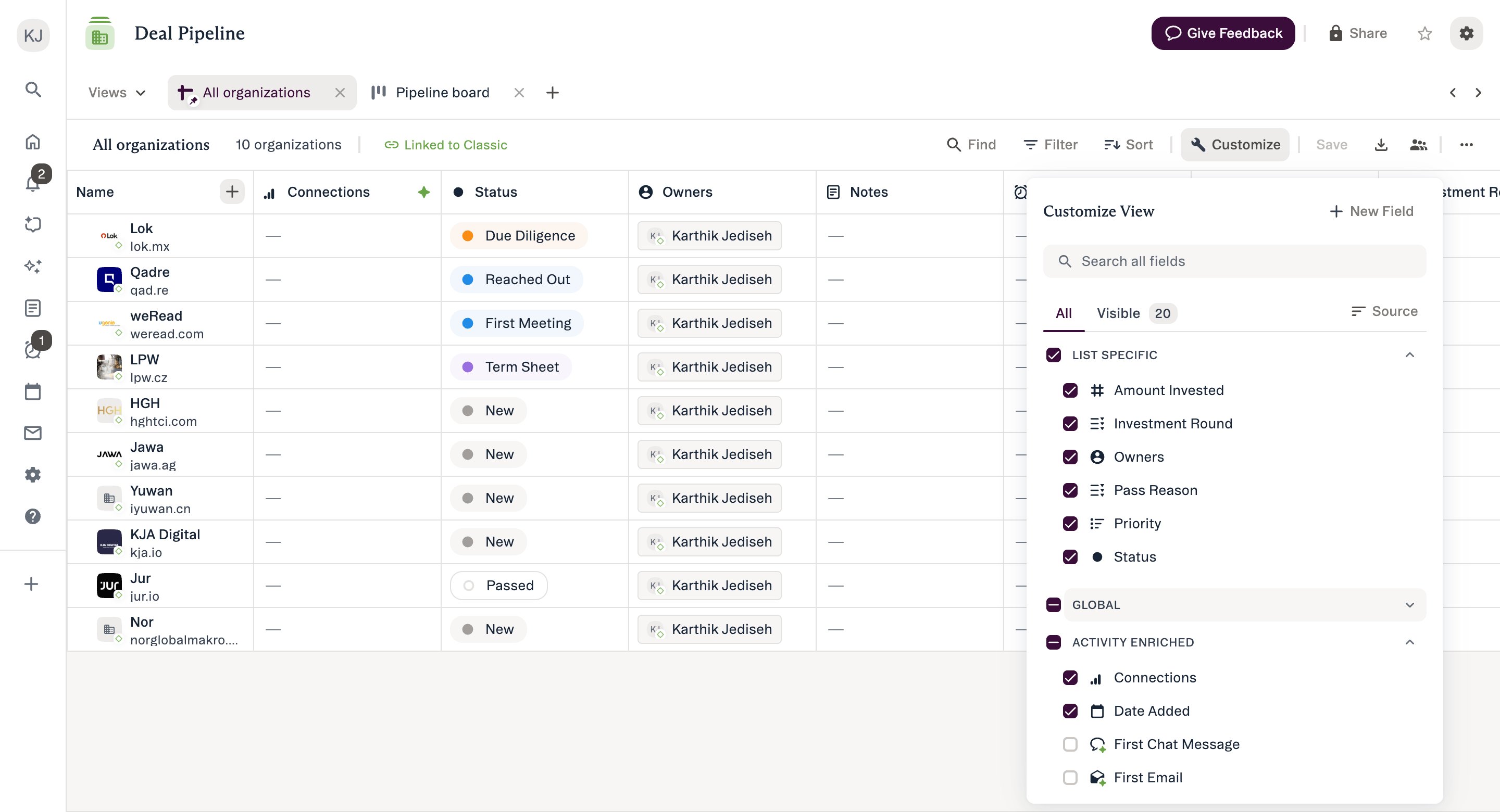 Customize View panel showing field categories, the Visible count, and checkboxes to show or hide columns