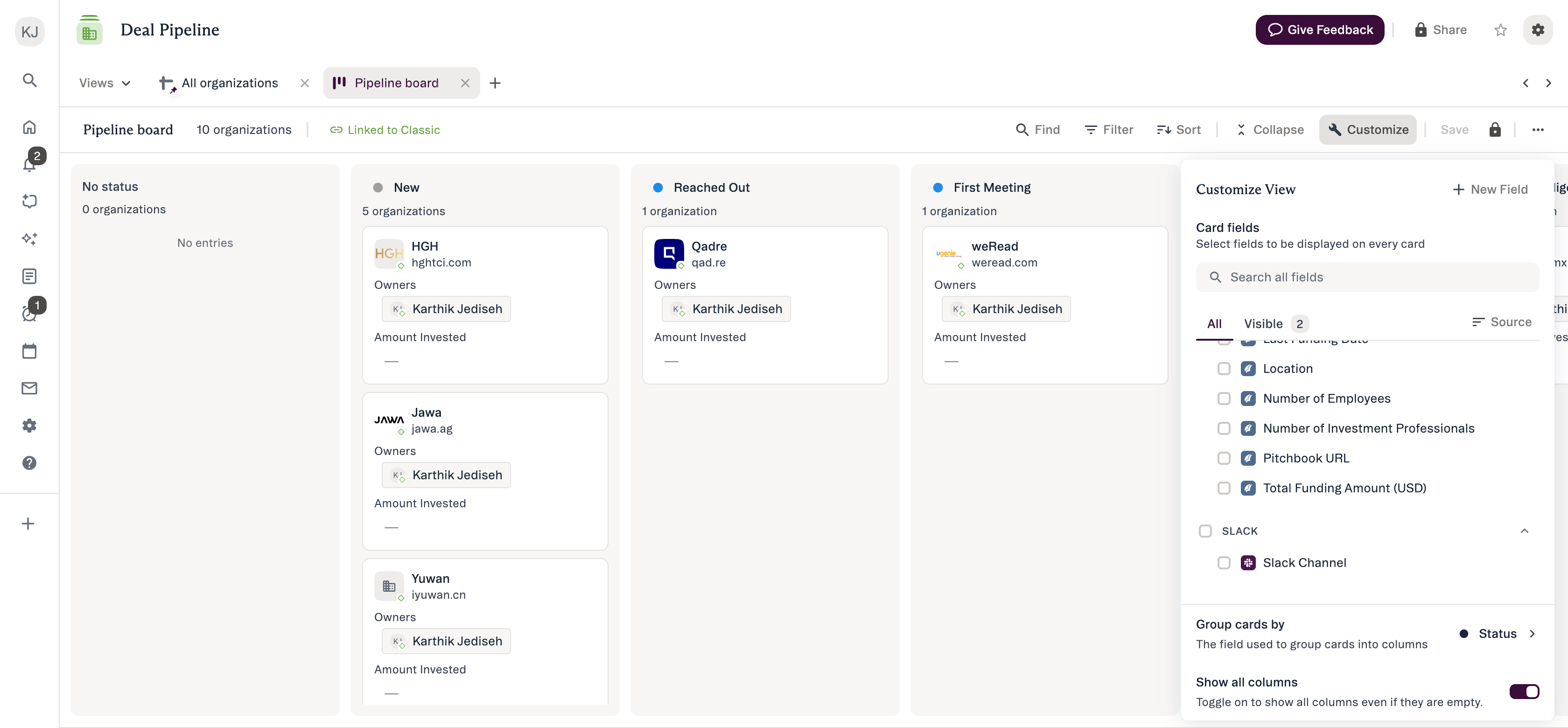 Board Customize panel showing Card fields, Group cards by, and the Show all columns toggle