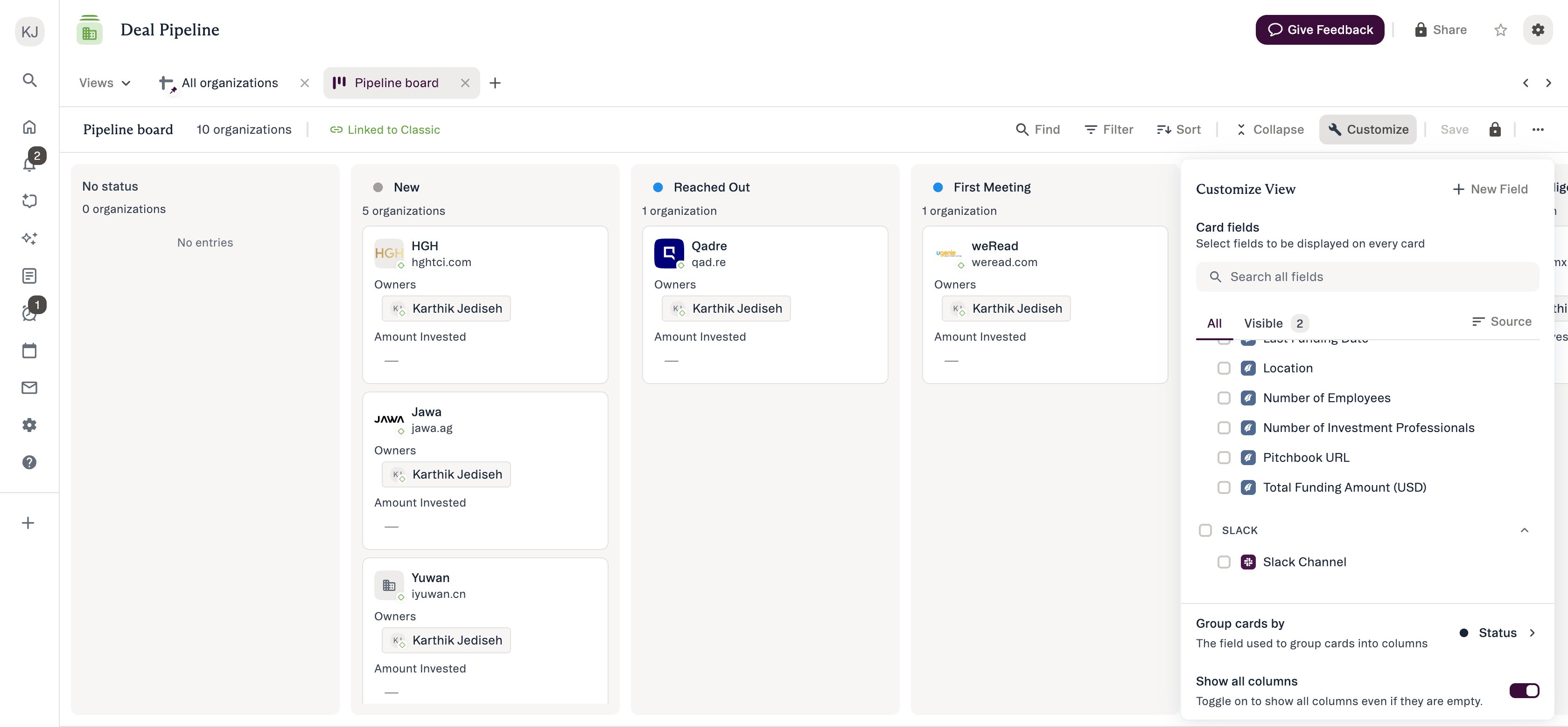 Board Customize panel showing Card fields, Group cards by, and the Show all columns toggle