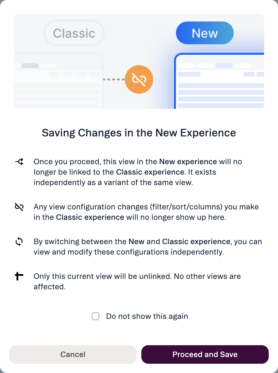 Saving Changes in the New Experience dialog explaining that the view becomes an independent variant, no longer linked to Classic